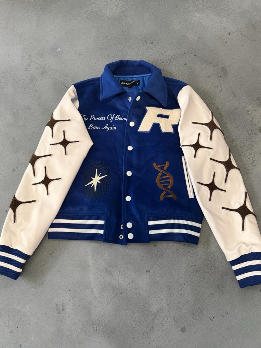 RetroVert rebirth Royal Blue and White Varsity Jacket with Embroidered Motifs